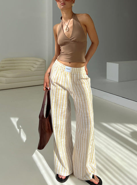 front view of model wearing Princess Polly Beach House Pants Yellow Stripe High Rise Pants Pants 