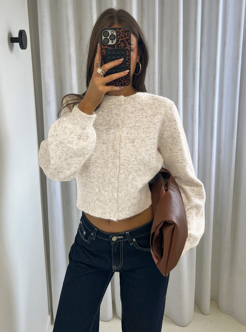 front view of model wearing Princess Polly Dawsen Button Down Cardigan Cream cropped 
