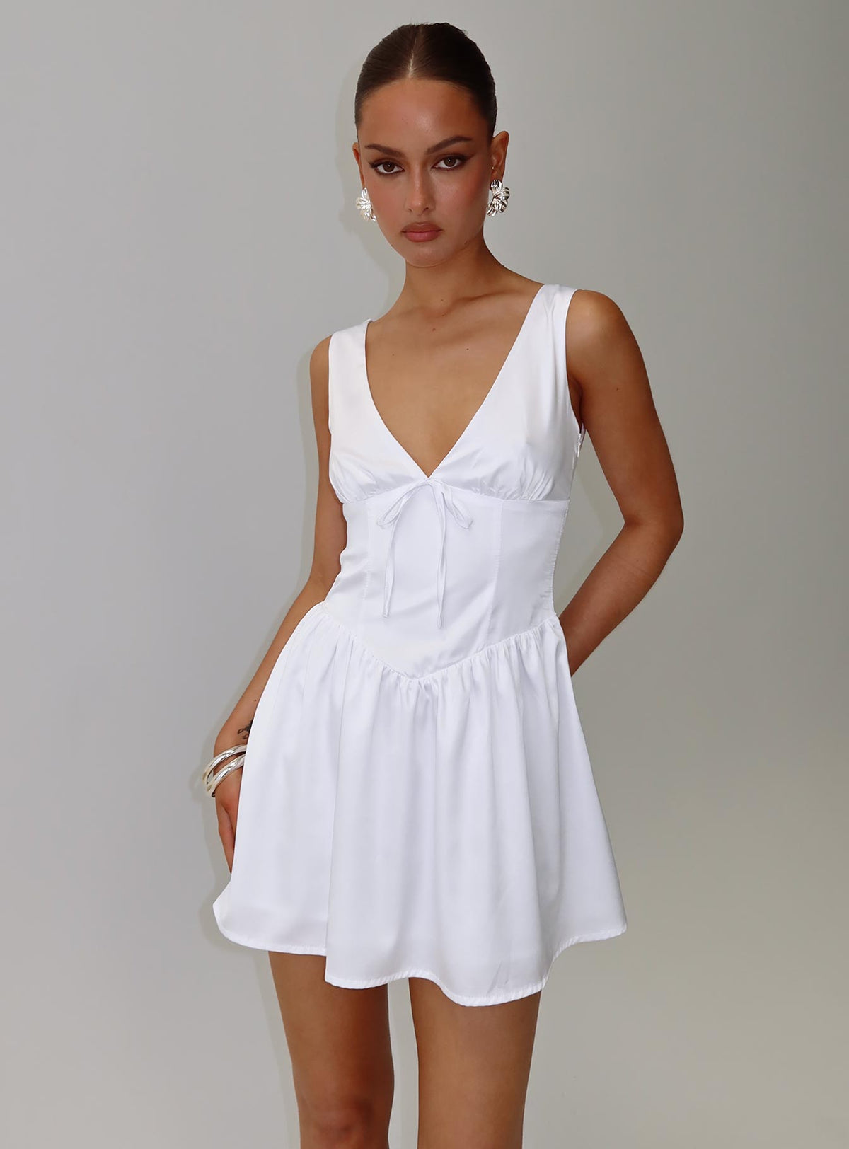 front view of model wearing Princess Polly Soul Shining Mini Dress White Plunger 