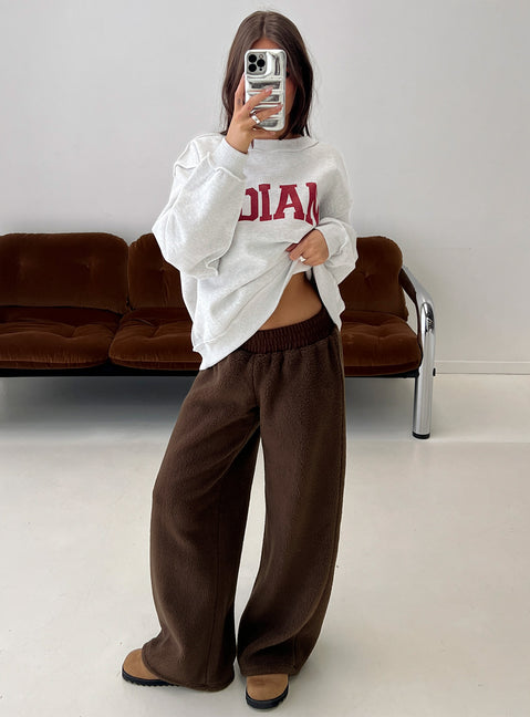 front view of model wearing Princess Polly Siberia Fleece Track Pant Chocolate Brown High Rise Pants 
