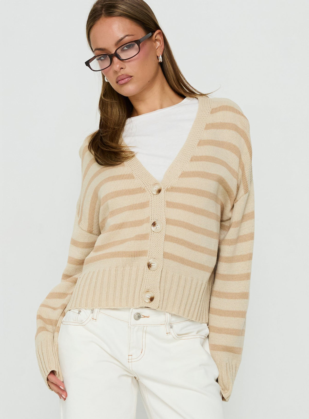 Discover the Karlson Striped Cardigan in womens-jumpers with short oversized fit front view of model wearing Princess Polly