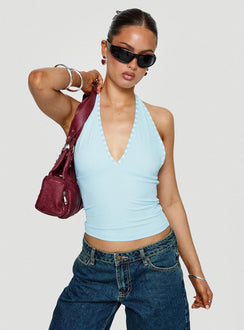 front view of model wearing Princess Polly Mirabelle Top Blue Sleeveless Plunger 