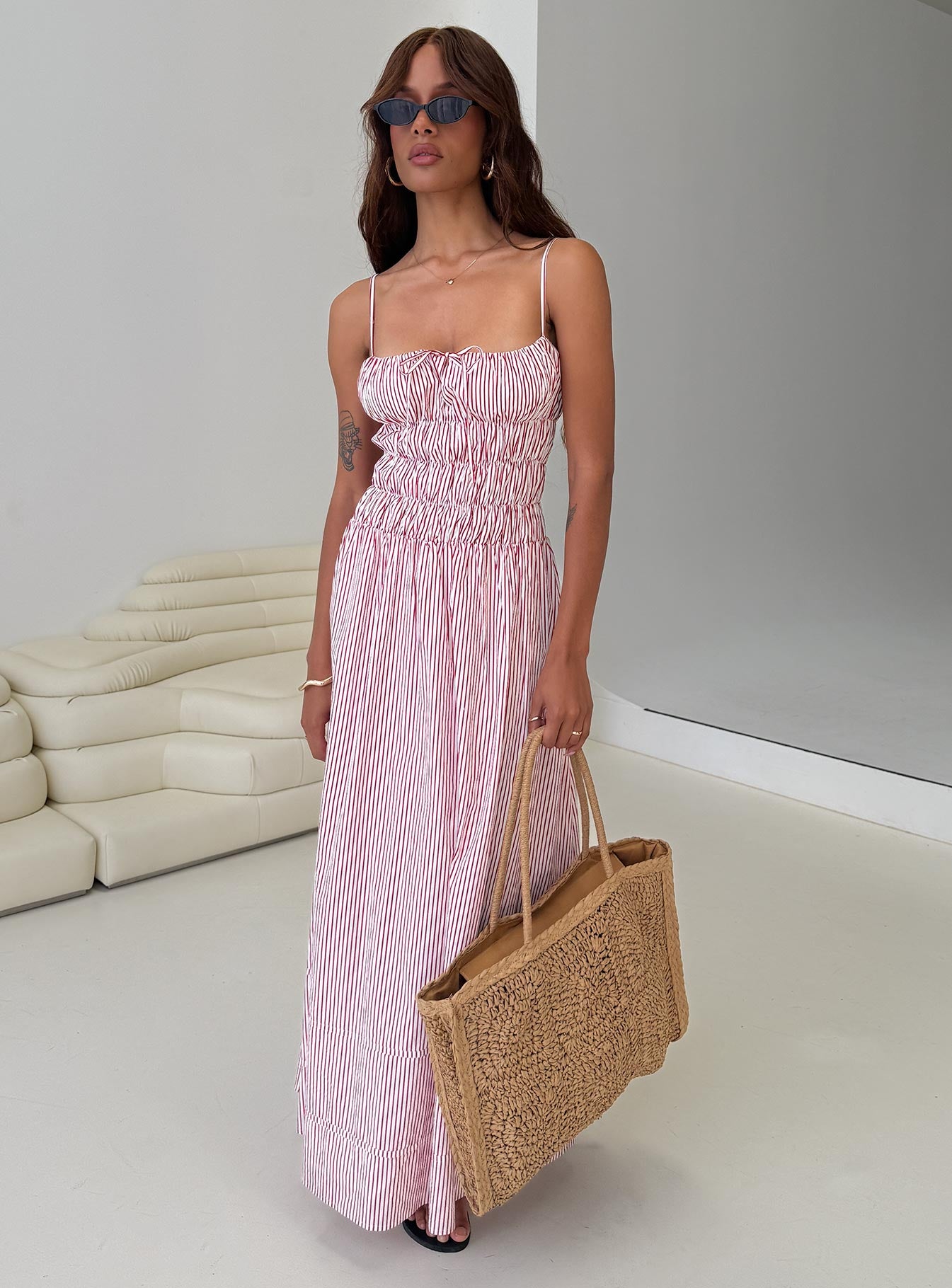 front view of model wearing Princess Polly Loralei Shirred Maxi Dress Red Stripe Square Neck 