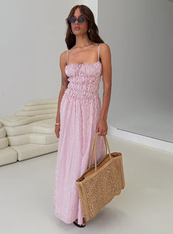 front view of model wearing Princess Polly Loralei Shirred Maxi Dress Red Stripe Square Neck 