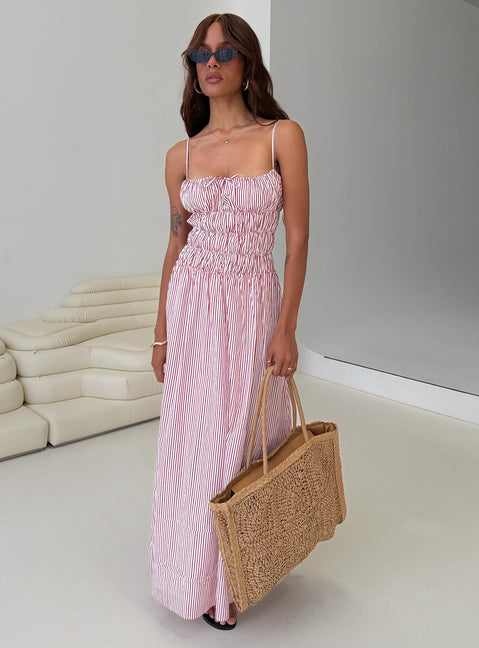 front view of model wearing Princess Polly Loralei Shirred Maxi Dress Red Stripe Square Neck 