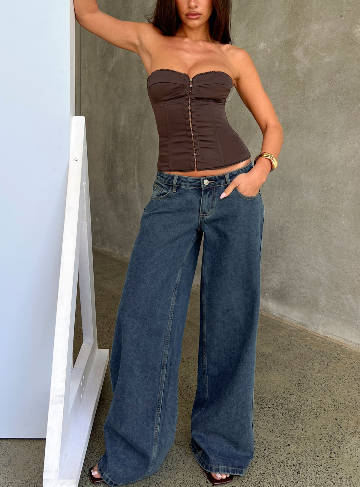 Picco Ultra Low Rise Wide Leg Jeans Dark Blue Wash Petite