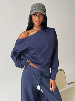 front view of model wearing Princess Polly Wellness Off the Shoulder Jumper Navy 