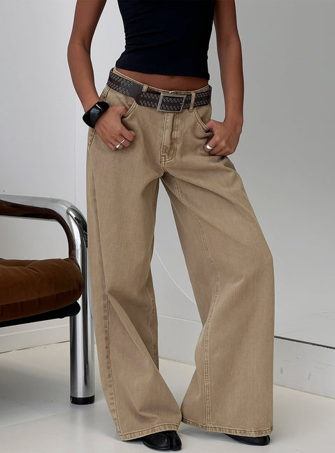 front view of model wearing Princess Polly Naylor Mid Rise Wide Leg Jeans Light Brown Wash Mid Rise Jeans 