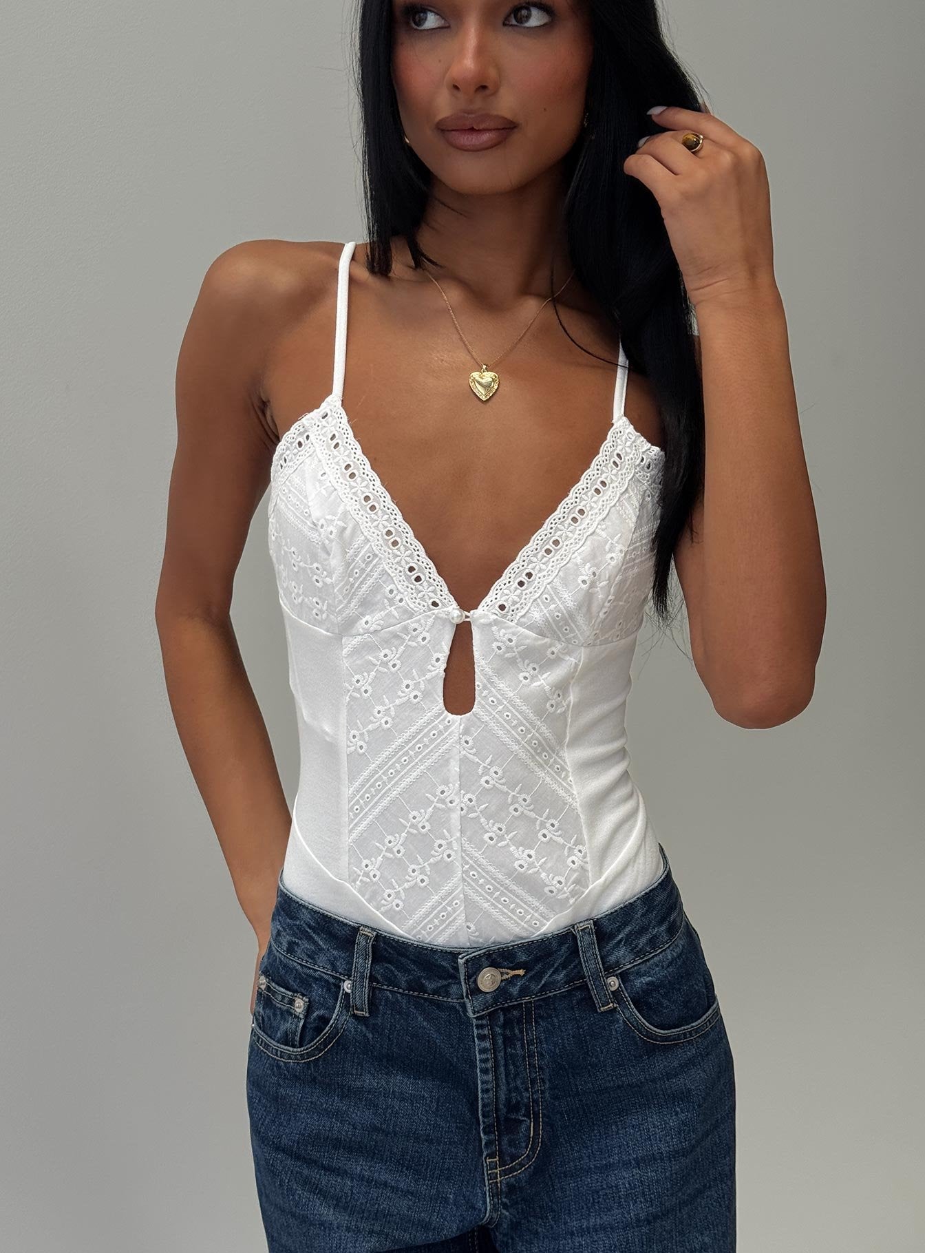 front view of model wearing Princess Polly Nerisse Keyhole Bodysuit White Sleeveless 
