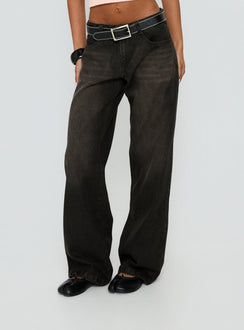 front view of model wearing Princess Polly Korinne Low Rise Baggy Jeans Washed Charcoal Low Rise Jeans 
