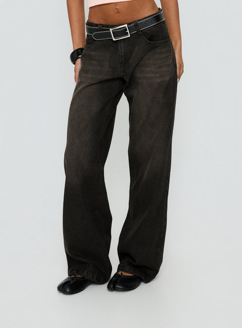 front view of model wearing Princess Polly Korinne Low Rise Baggy Jeans Washed Charcoal Low Rise Jeans 
