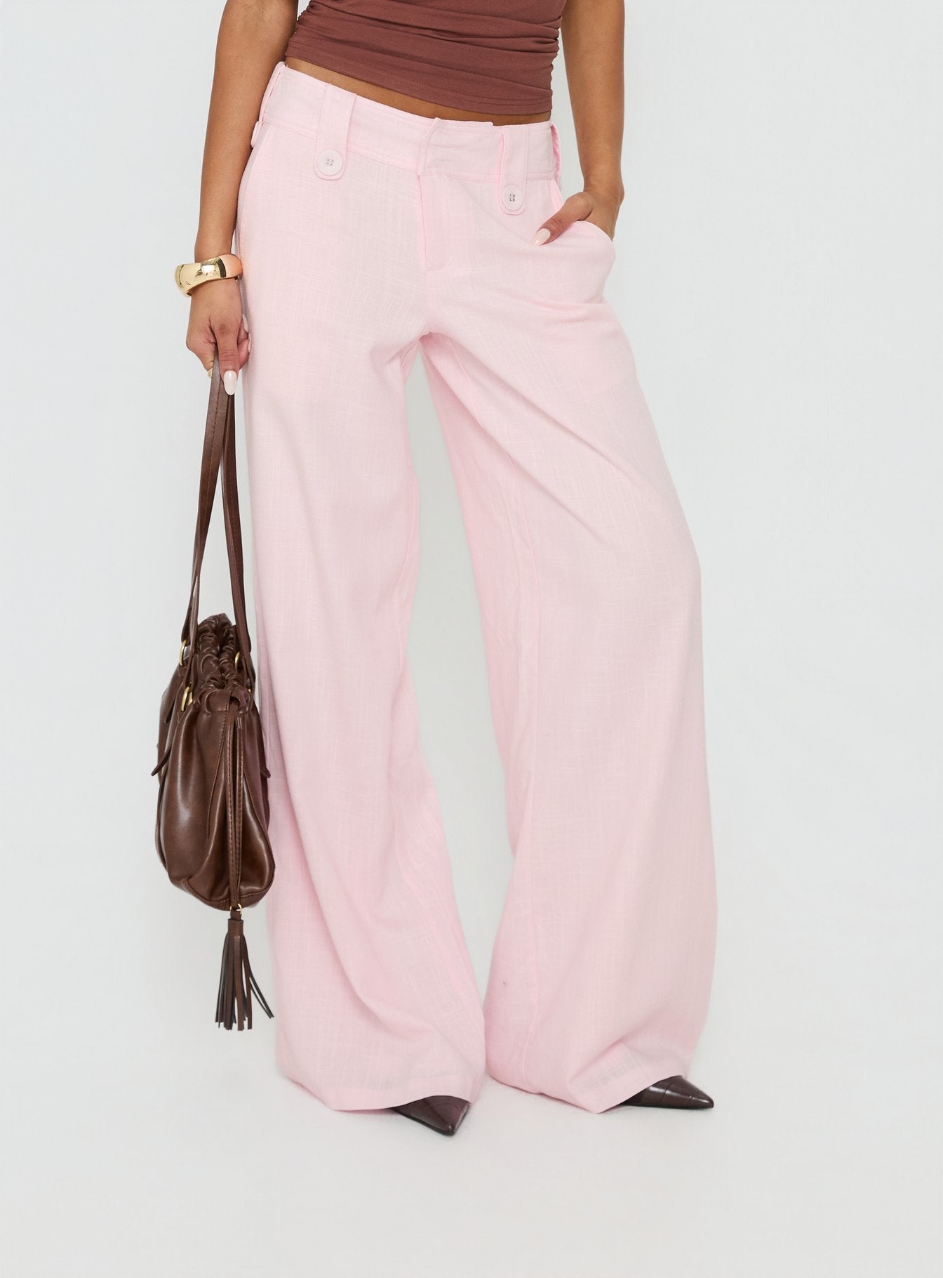back view of model wearing Princess Polly Pedra Wide Leg Pant Pink Mid Rise Pants 