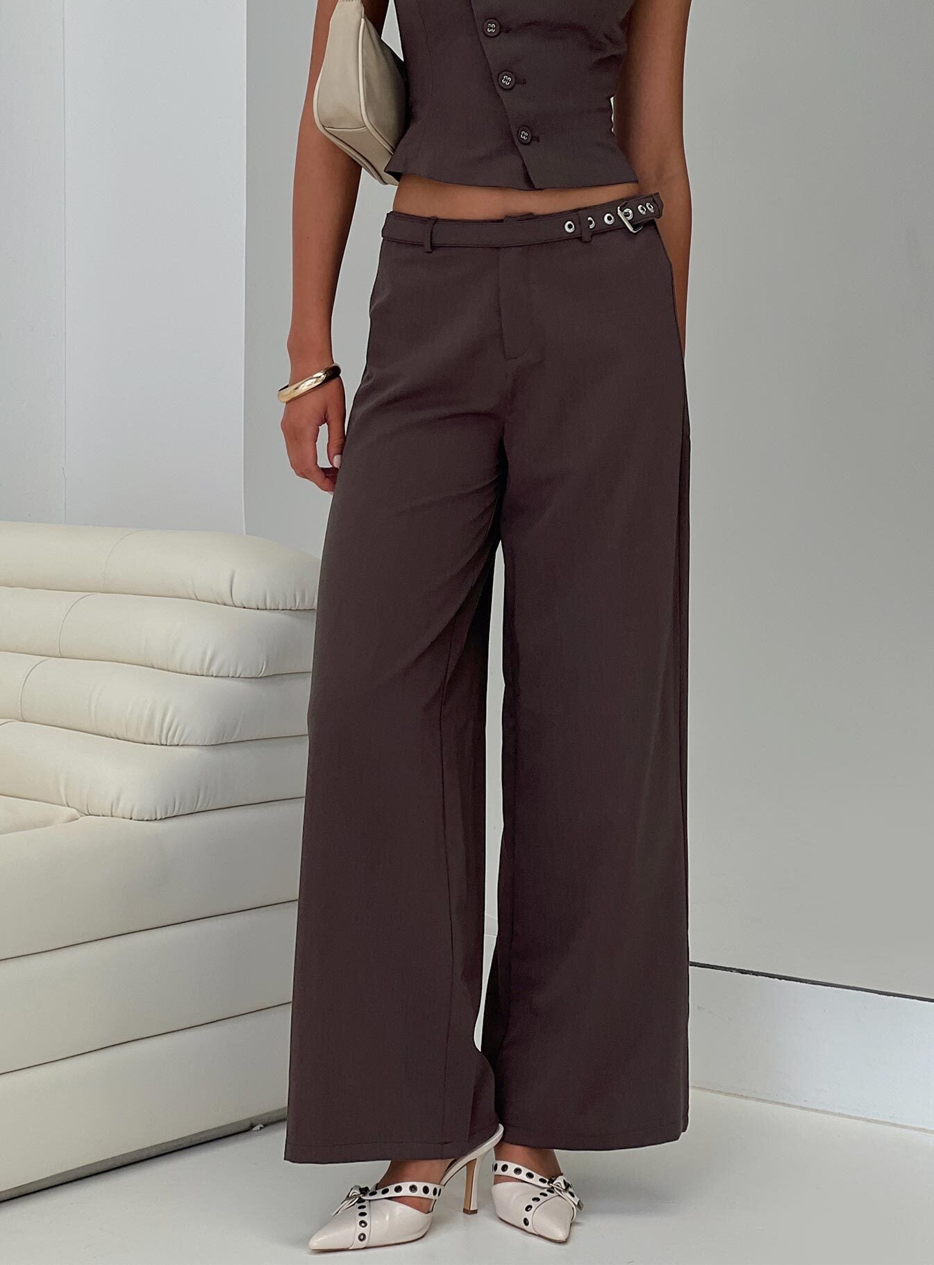 side view of model wearing Princess Polly Miku Pants Brown Mid Rise 