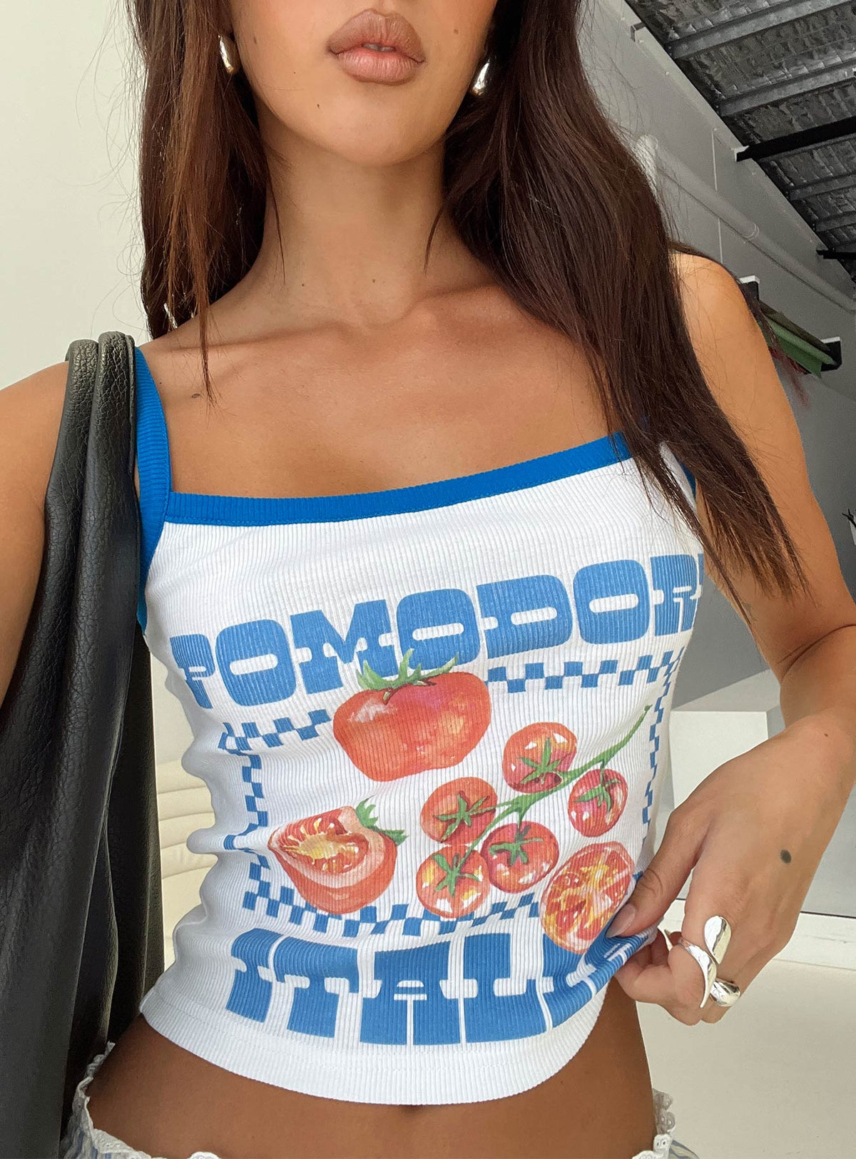 front view of model wearing Princess Polly Pomodori Italia Graphic Tank White Sleeveless Square Neck 