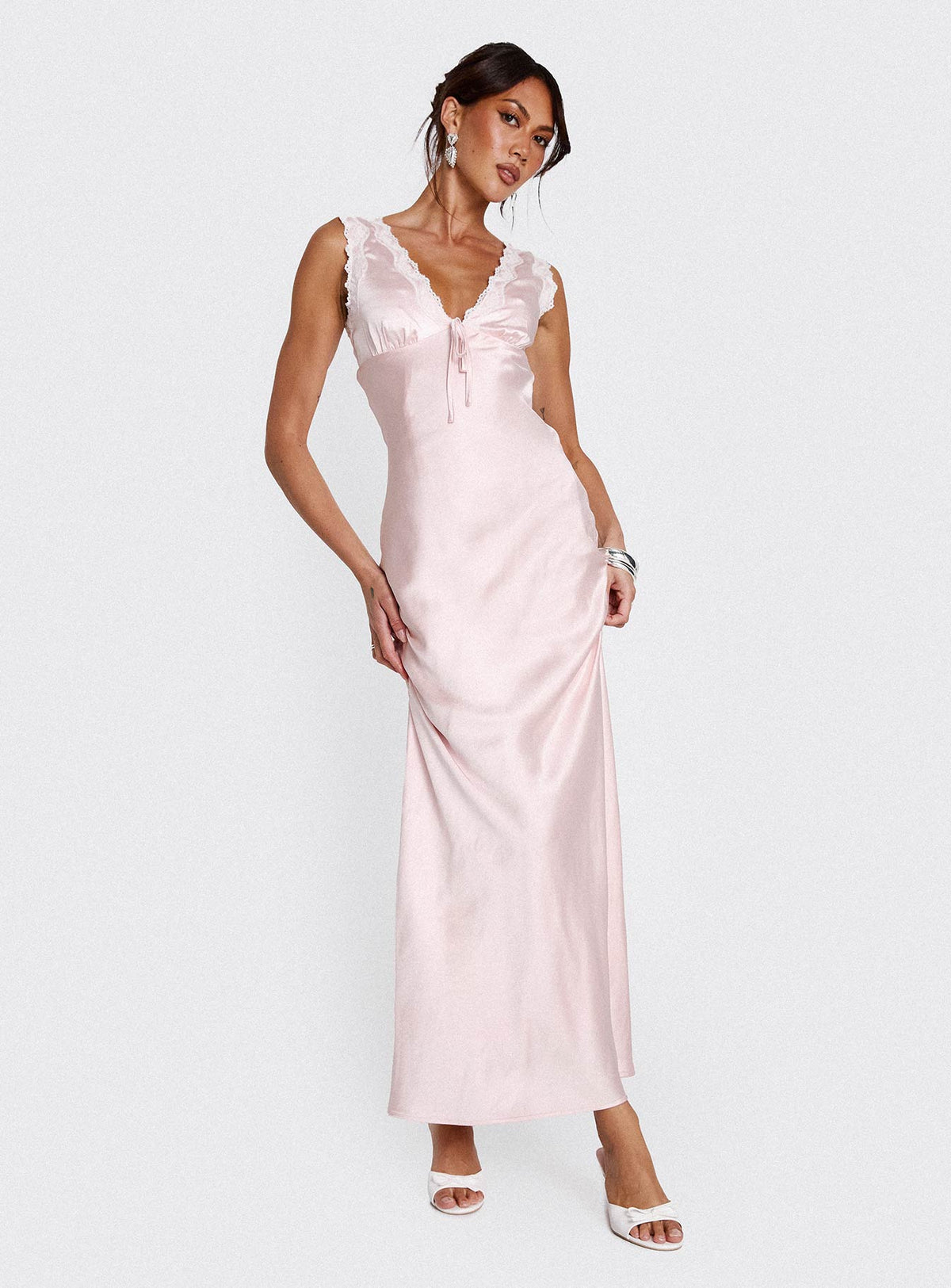 side view of model wearing Princess Polly Liliya Lace Maxi Dress Pink Plunger 