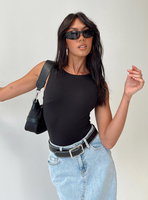 front view of model wearing Princess Polly Beresford Bodysuit Black Sleeveless Bodysuit 