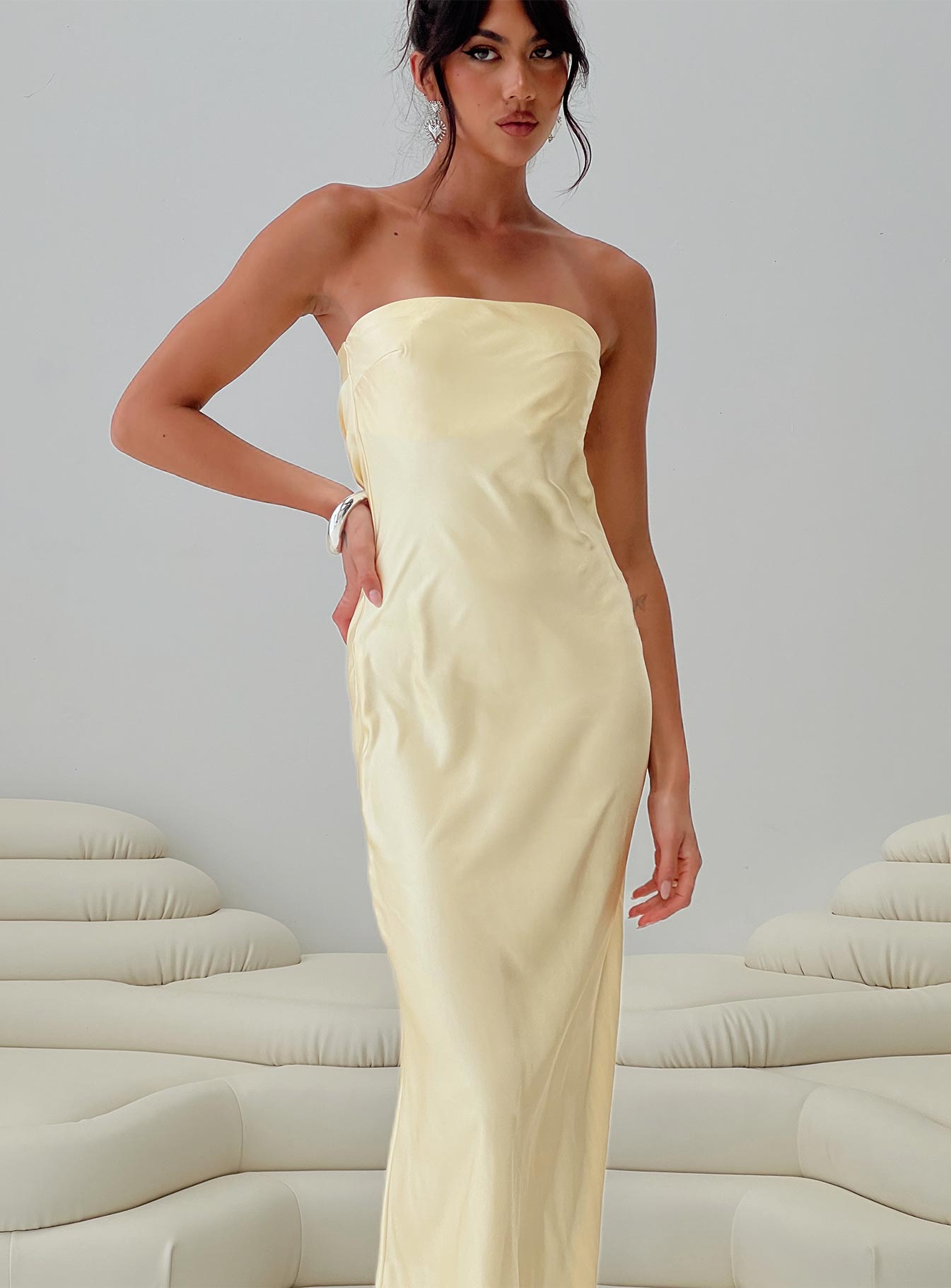 front view of model wearing Princess Polly Haley Maxi Dress Yellow Straight Neck 
