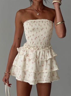 back view of model wearing Princess Polly Sunkiss Frill Mini Dress Floral Straight Neck 