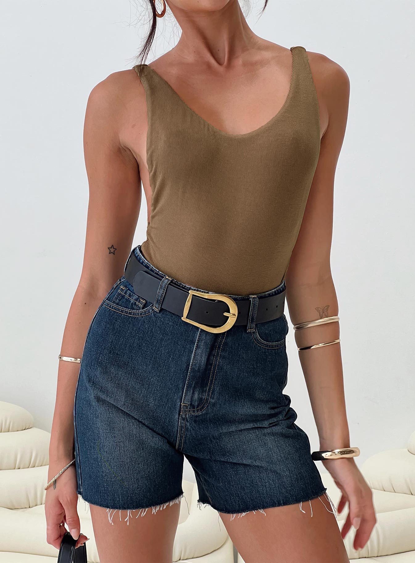 front view of model wearing Princess Polly Yolando Bodysuit Taupe Sleeveless Scoop Neck 