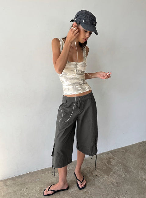 Showcasing the Relaxer 3/4 Cargo Pants Charcoal in womens-regular-pants with mid-rise side view of model wearing Princess Polly