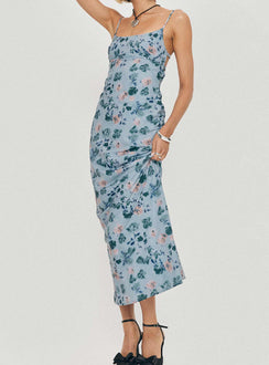 front view of model wearing Princess Polly Ravia Maxi Dress Blue / Floral Square Neck 