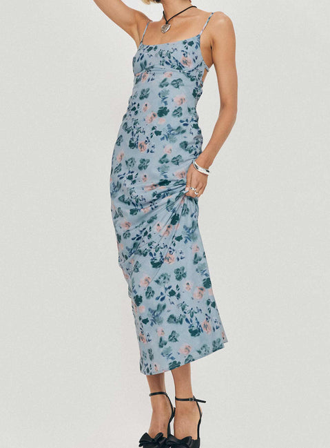 front view of model wearing Princess Polly Ravia Maxi Dress Blue / Floral Square Neck 