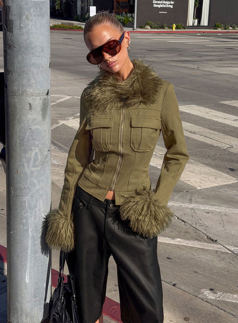 Nindie Faux Fur Contrast Jacket Green