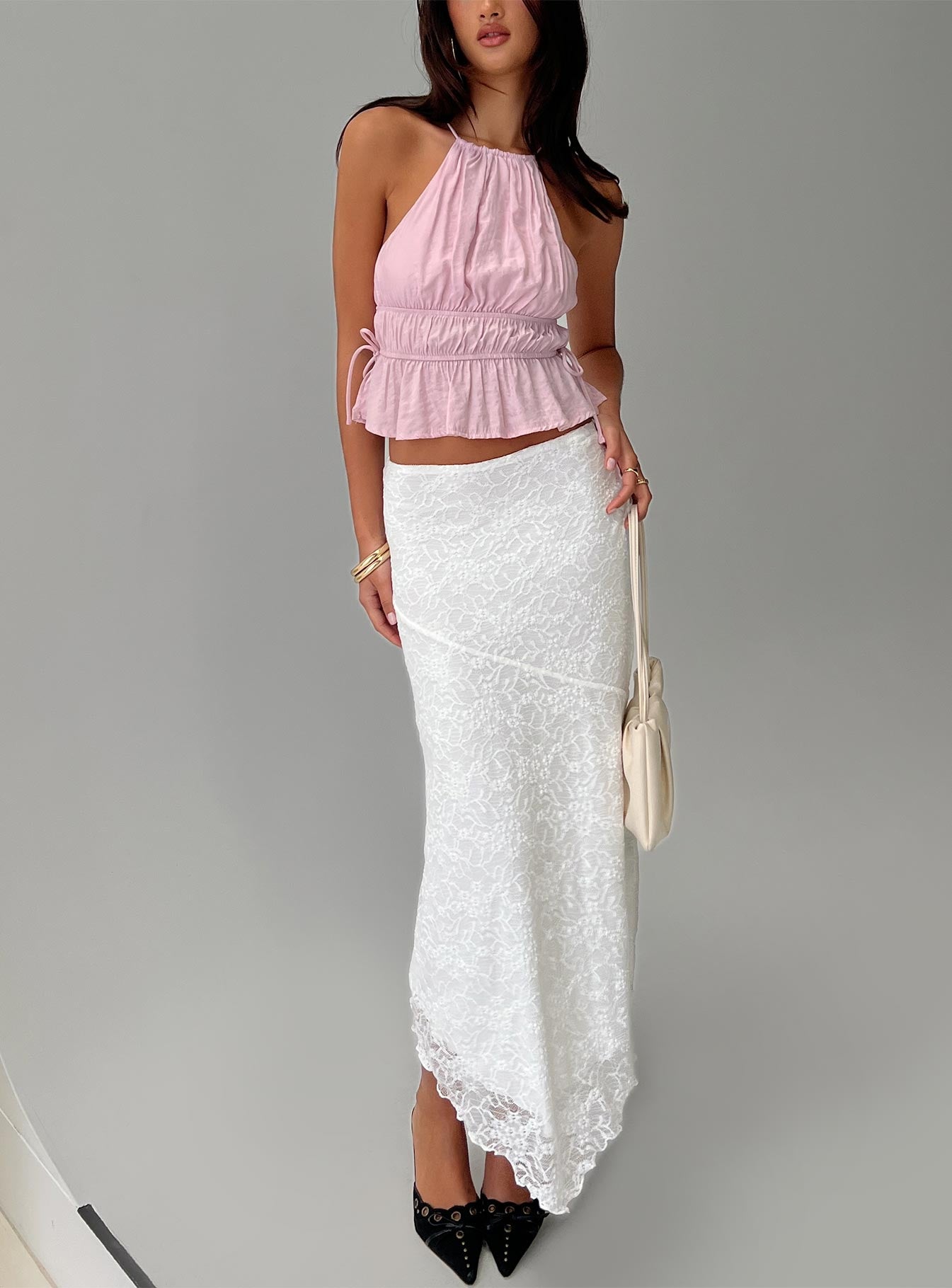   front view of model wearing Princess Polly Freebirds Lace Midi Skirt White Midi Skirts Skirts 