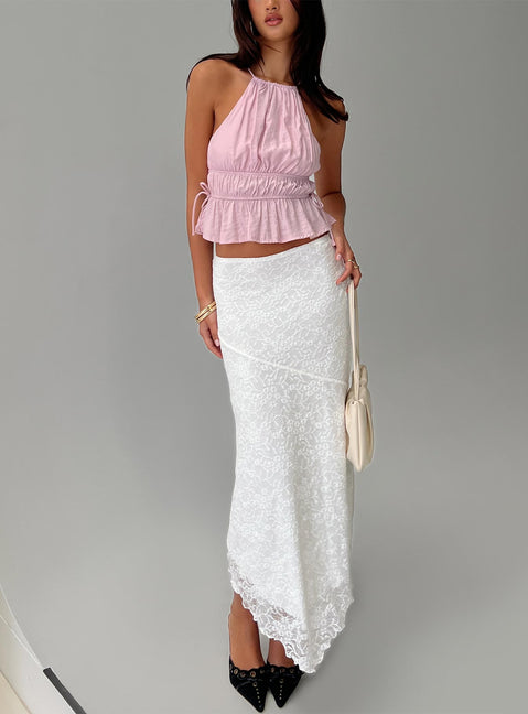   front view of model wearing Princess Polly Freebirds Lace Midi Skirt White Midi Skirts Skirts 