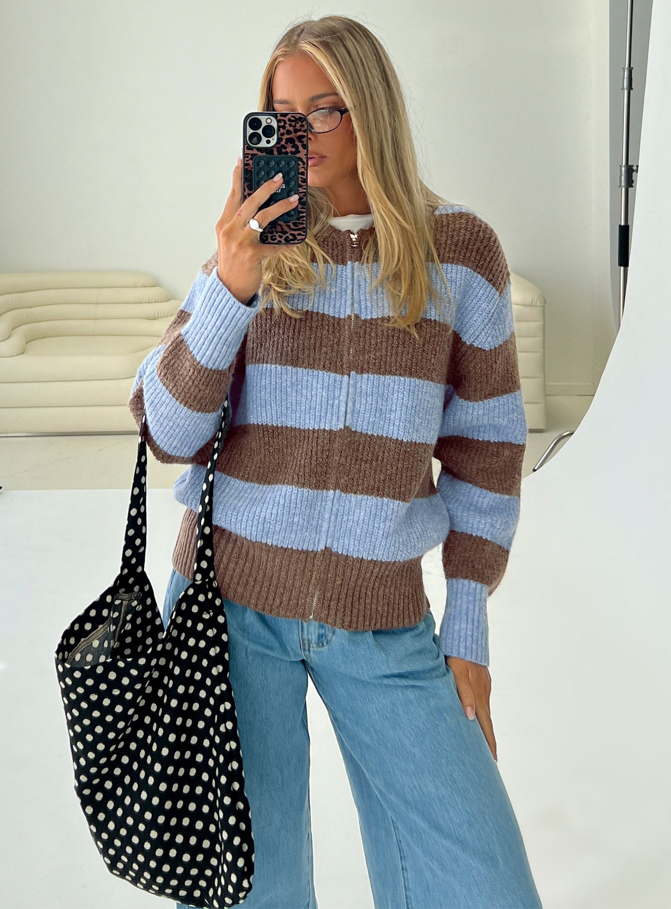 back view of model wearing Princess Polly Queena Zip Through Knit Sweater Blue Stripe 