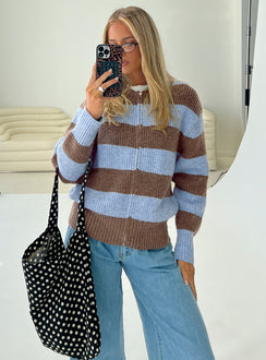 back view of model wearing Princess Polly Queena Zip Through Knit Sweater Blue Stripe 