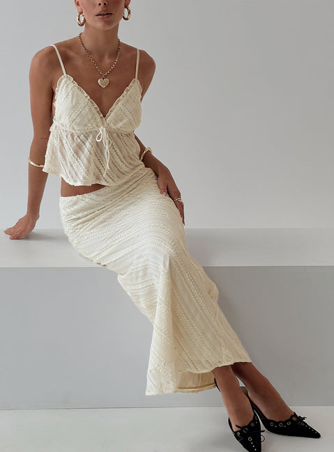   front view of model wearing Princess Polly Jacintha Maxi Skirt Cream Maxi Skirts Skirts 