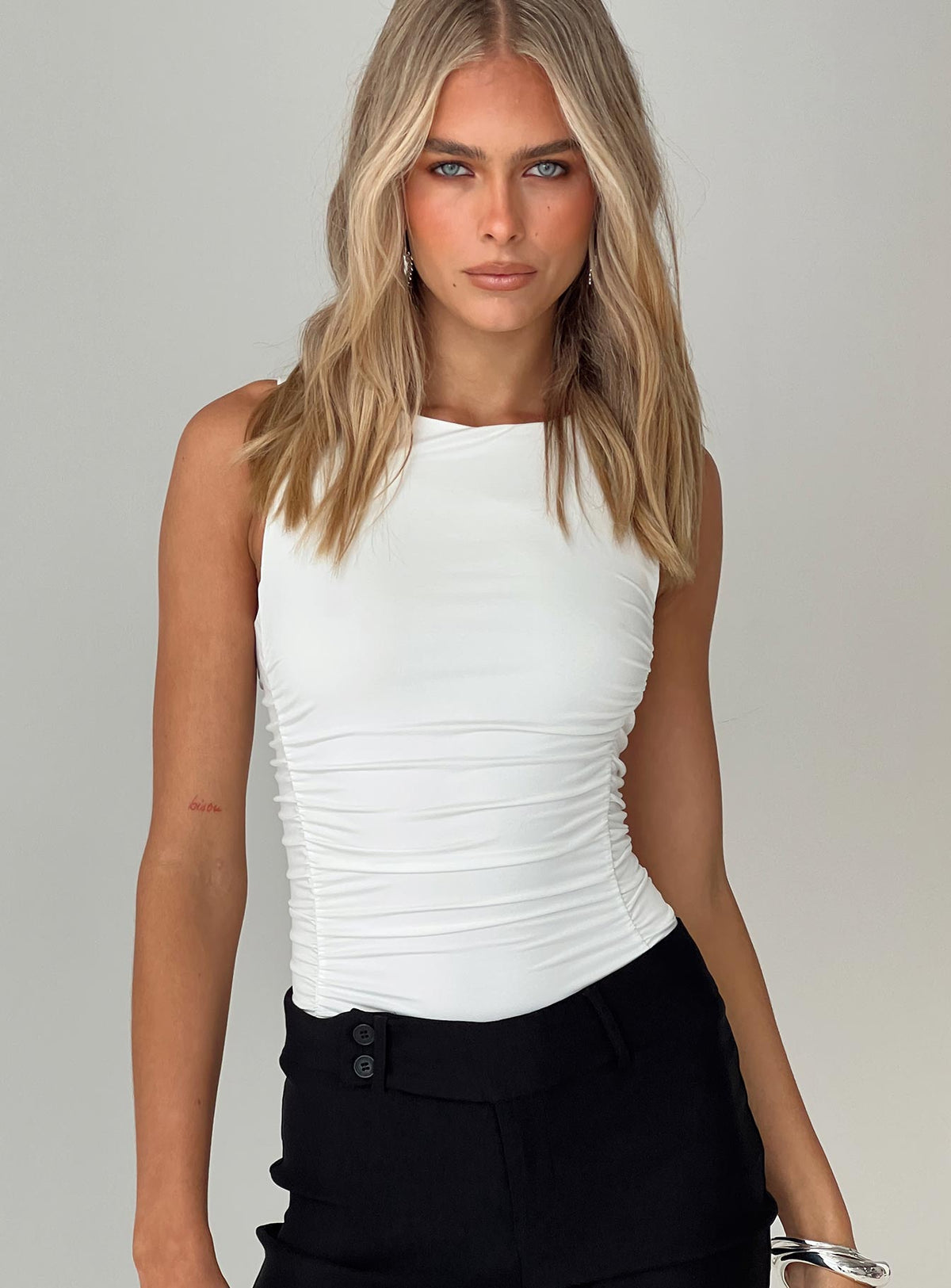 front view of model wearing Princess Polly Pizarro Bodysuit White Sleeveless 