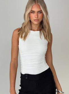 front view of model wearing Princess Polly Pizarro Bodysuit White Sleeveless 