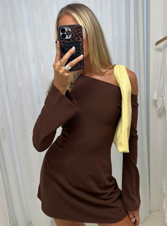 Adrietta Long Sleeve Off Shoulder Mini Dress Brown Tall