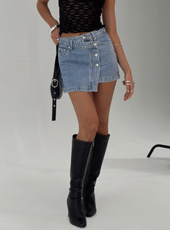 back view of model wearing Princess Polly Denis Mini Denim Skirt Light Blue Mini Skirts Skirts 