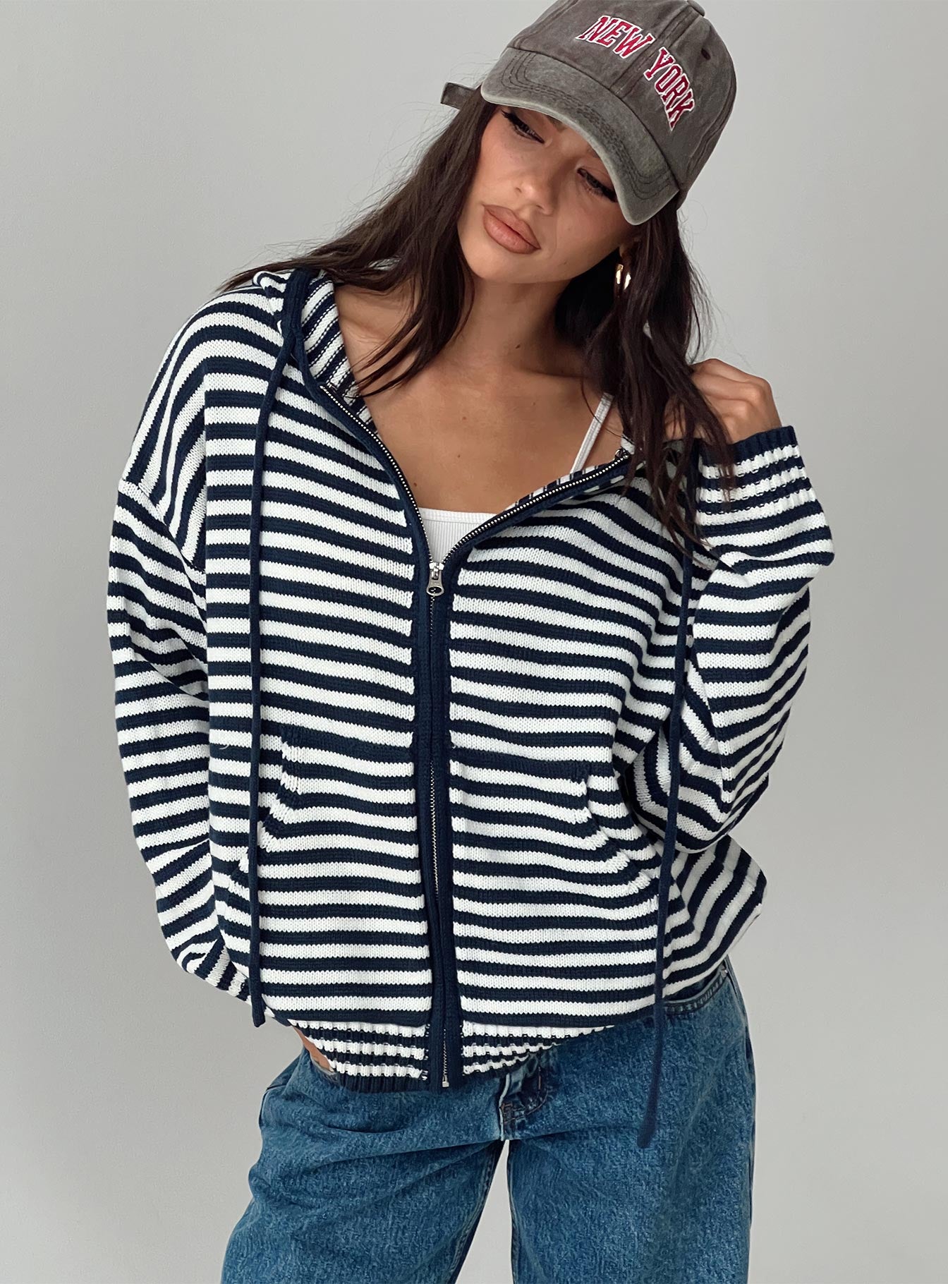 back view of model wearing Princess Polly Brienna Zip Jacket Navy Long 