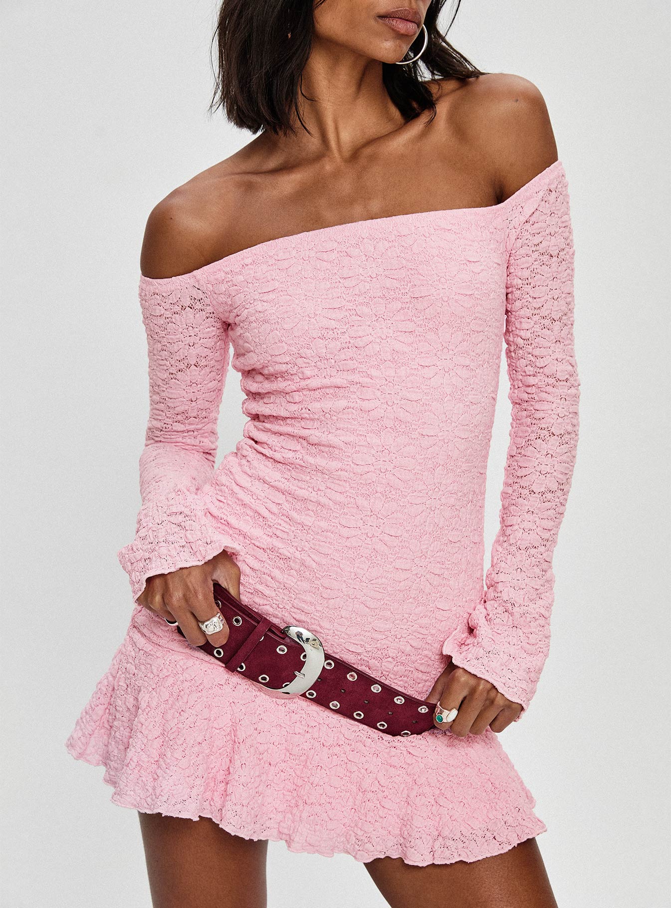 front view of model wearing Princess Polly Vancesca Strapless Mini Dress Pink Straight Neck 