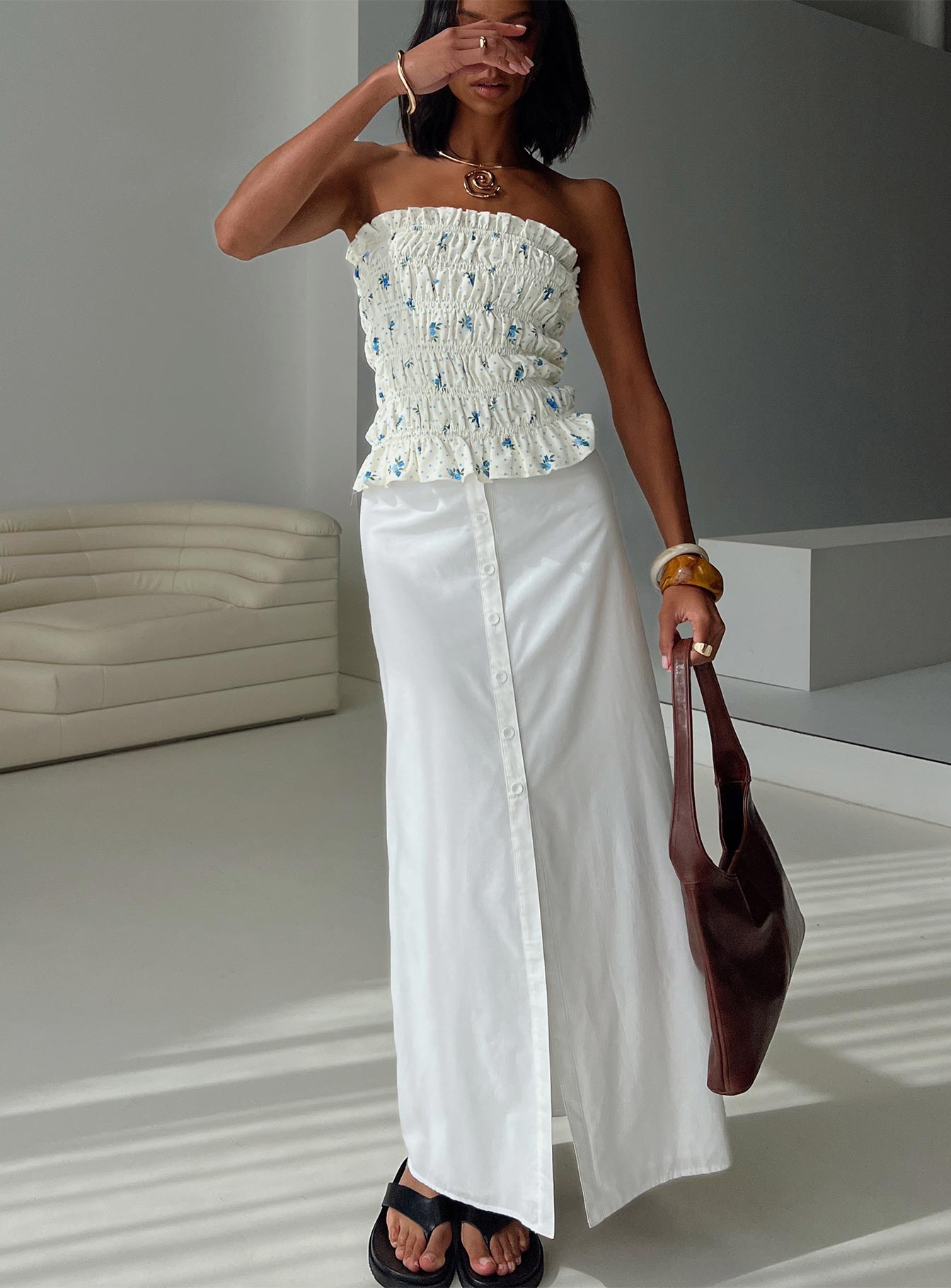   front view of model wearing Princess Polly Jasmira Maxi Skirt White Maxi 