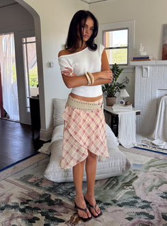back view of model wearing Princess Polly Natana Asymmetrical Midi Skirt Multi Check 