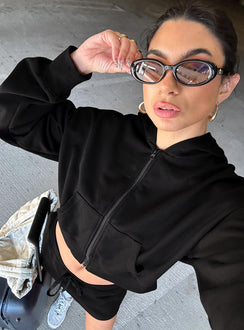 Showcasing the Revive Zip Through Hoodie Black in womens-jumpers with short length front view of model wearing Princess Polly