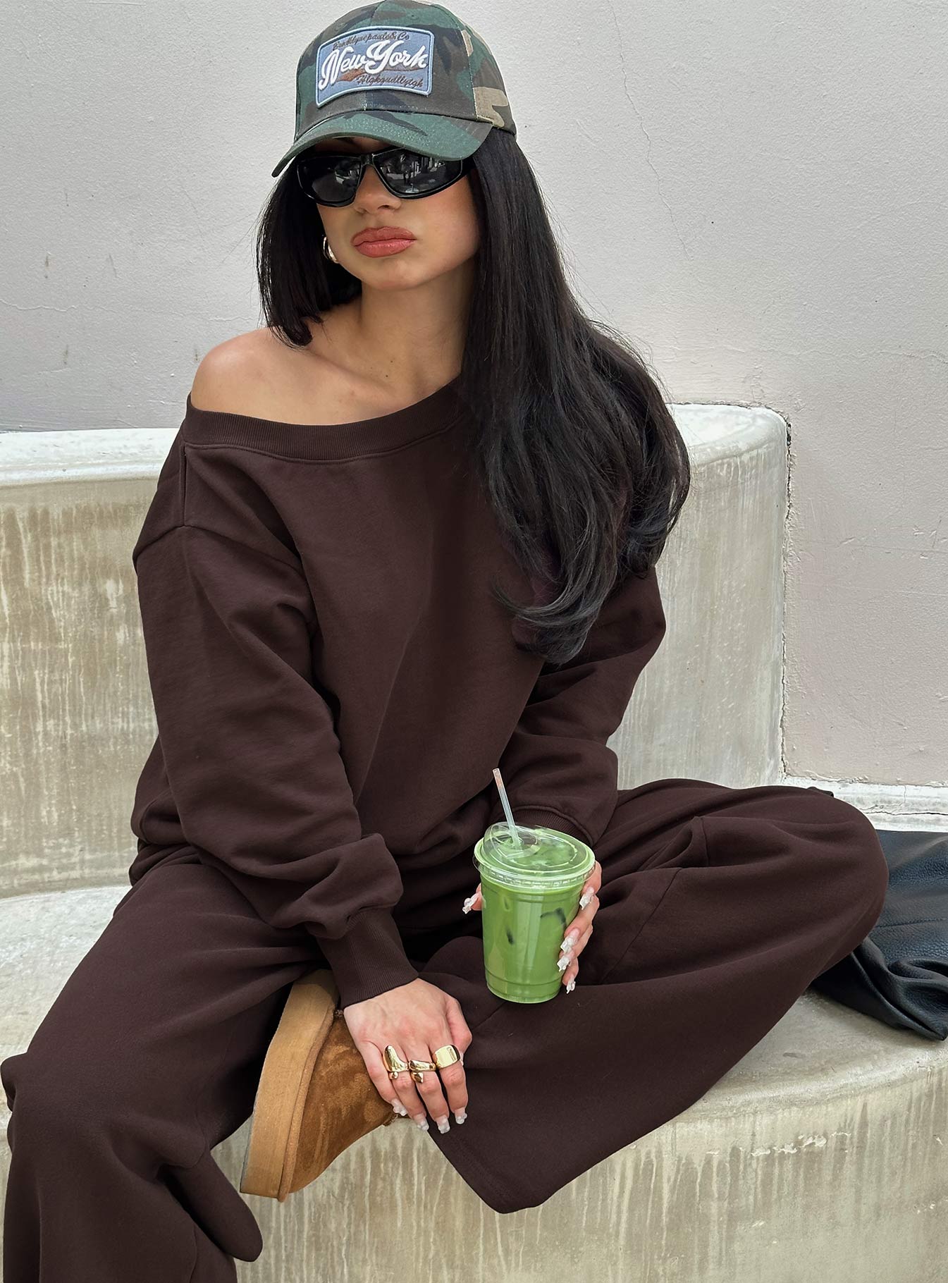 front view of model wearing Princess Polly Wellness Off The Shoulder Jumper Brown Cropped Jumpers 