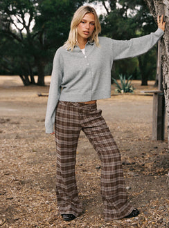 front view of model wearing Princess Polly Emiroki Straight Leg Pants Brown Check Mid Rise Pants 