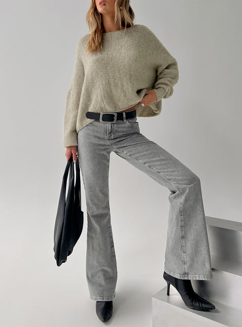 front view of model wearing Princess Polly Magic Mirror Mid Rise Bootleg Jeans Washed Grey Mid Rise Jeans Jeans 