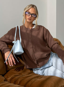 front view of model wearing Princess Polly Melancholia Cardigan Chocolate regular Jumpers 