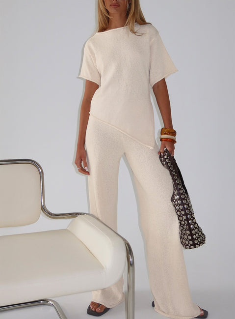 front view of model wearing Princess Polly Calisse Knit Wide Leg Pants Beige High Rise Pants 