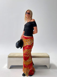   side view of model wearing Princess Polly Rowana Maxi Skirt Multi Paisley Maxi Skirts 