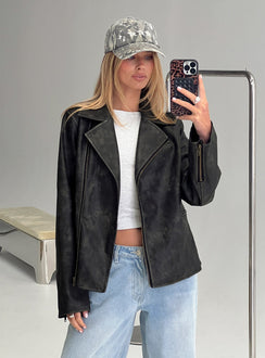 Vyolette Faux Leather Collared Jacket Washed Black