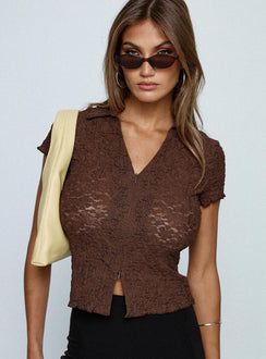 front view of model wearing Princess Polly Best Shot Collared Top Brown Short Sleeves V-Neck 