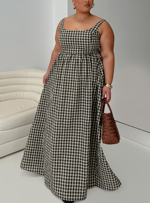 back view of model wearing Princess Polly Cartmel Check Maxi Dress Black / Cream Curve Square Neck 